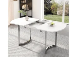 Mesa de jantar extensível para 4 a 6 pessoas - 140/180 x 80 x 75,5 cm - Madeira MDF e pernas de metal - Branco + prata