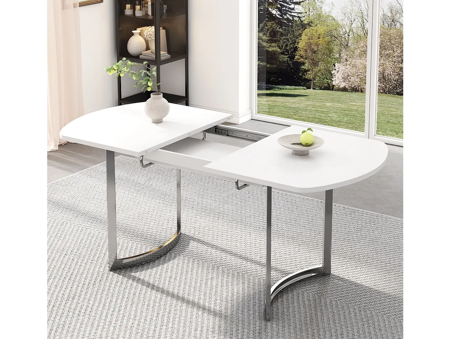 Mesa de jantar extensível para 4 a 6 pessoas - 140/180 x 80 x 75,5 cm - Madeira MDF e pernas de metal - Branco + prata