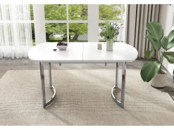 Mesa de jantar extensível para 4 a 6 pessoas - 140/180 x 80 x 75,5 cm - Madeira MDF e pernas de metal - Branco + prata