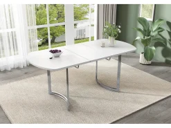 Mesa de jantar extensível para 4 a 6 pessoas - 140/180 x 80 x 75,5 cm - Madeira MDF e pernas de metal - Branco + prata