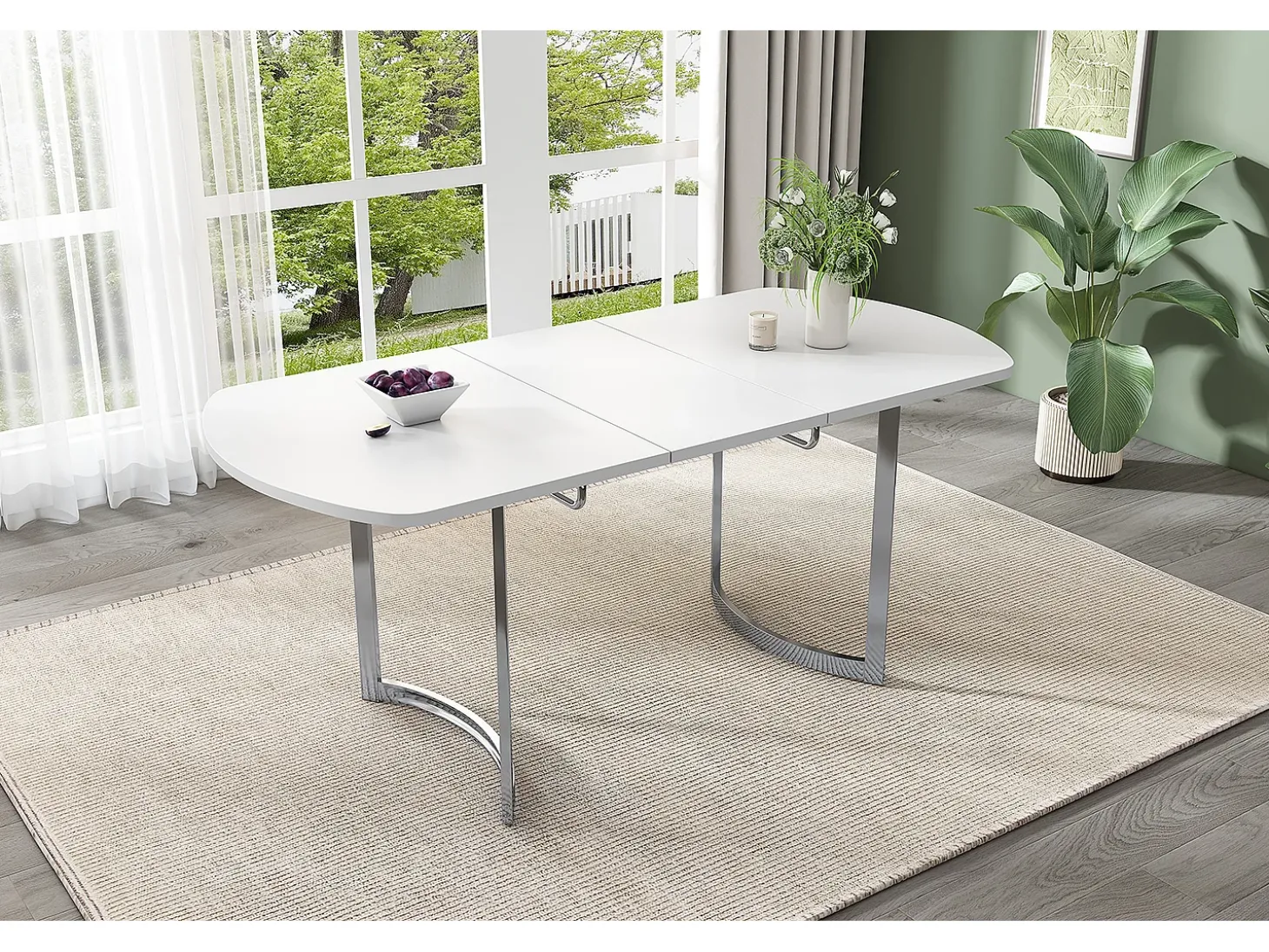 Mesa de jantar extensível para 4 a 6 pessoas - 140/180 x 80 x 75,5 cm - Madeira MDF e pernas de metal - Branco + prata