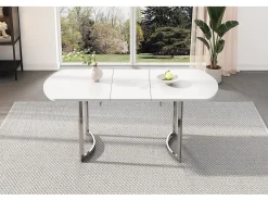 Mesa de jantar extensível para 4 a 6 pessoas - 140/180 x 80 x 75,5 cm - Madeira MDF e pernas de metal - Branco + prata