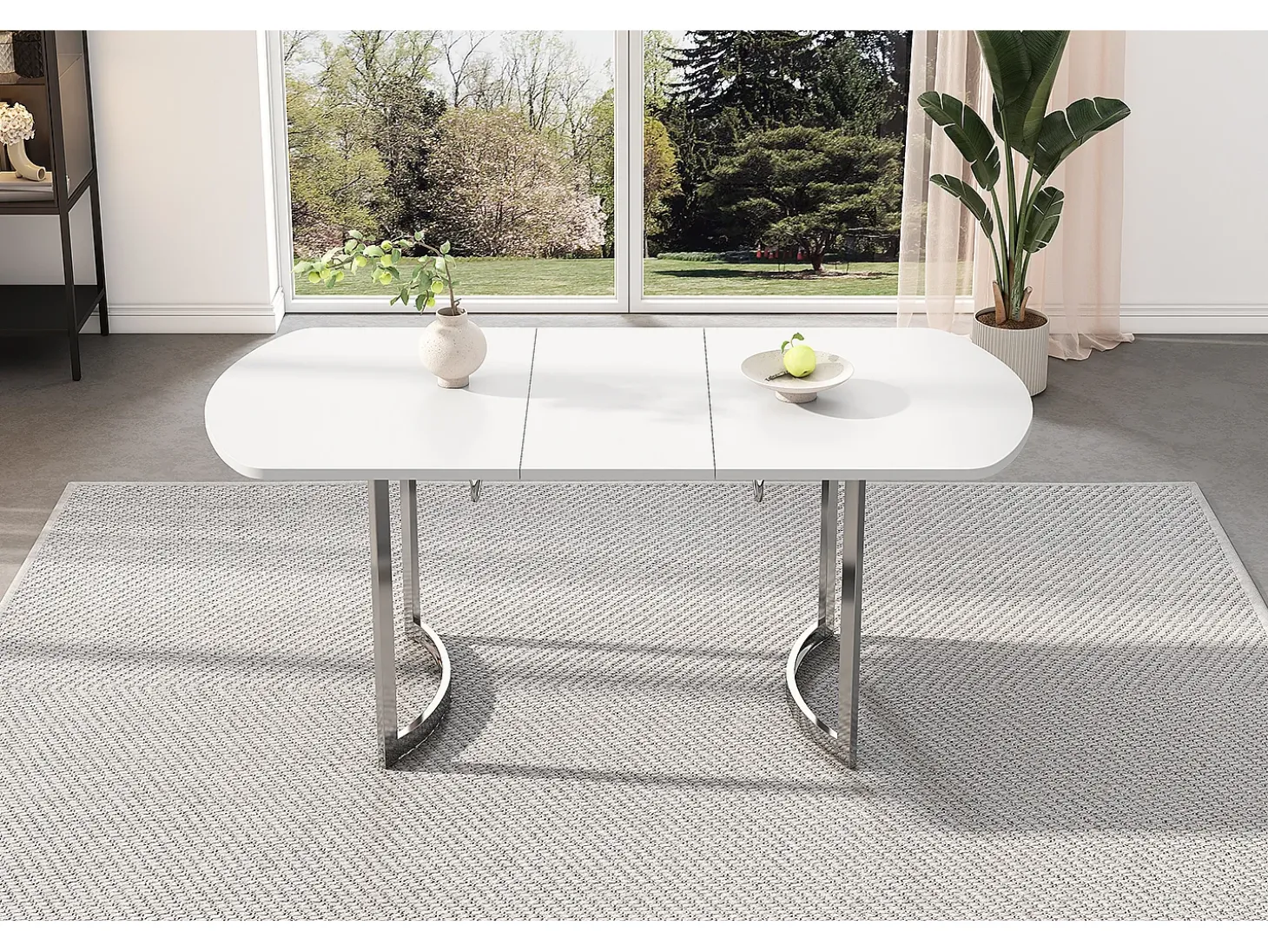 Mesa de jantar extensível para 4 a 6 pessoas - 140/180 x 80 x 75,5 cm - Madeira MDF e pernas de metal - Branco + prata