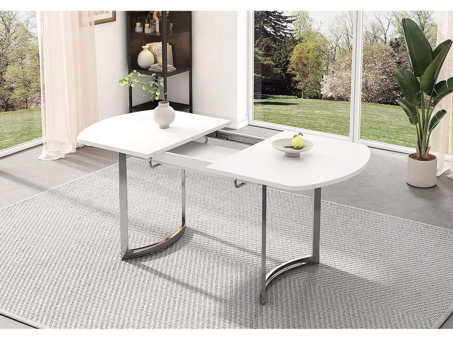 Mesa de jantar extensível para 4 a 6 pessoas - 140/180 x 80 x 75,5 cm - Madeira MDF e pernas de metal - Branco + prata