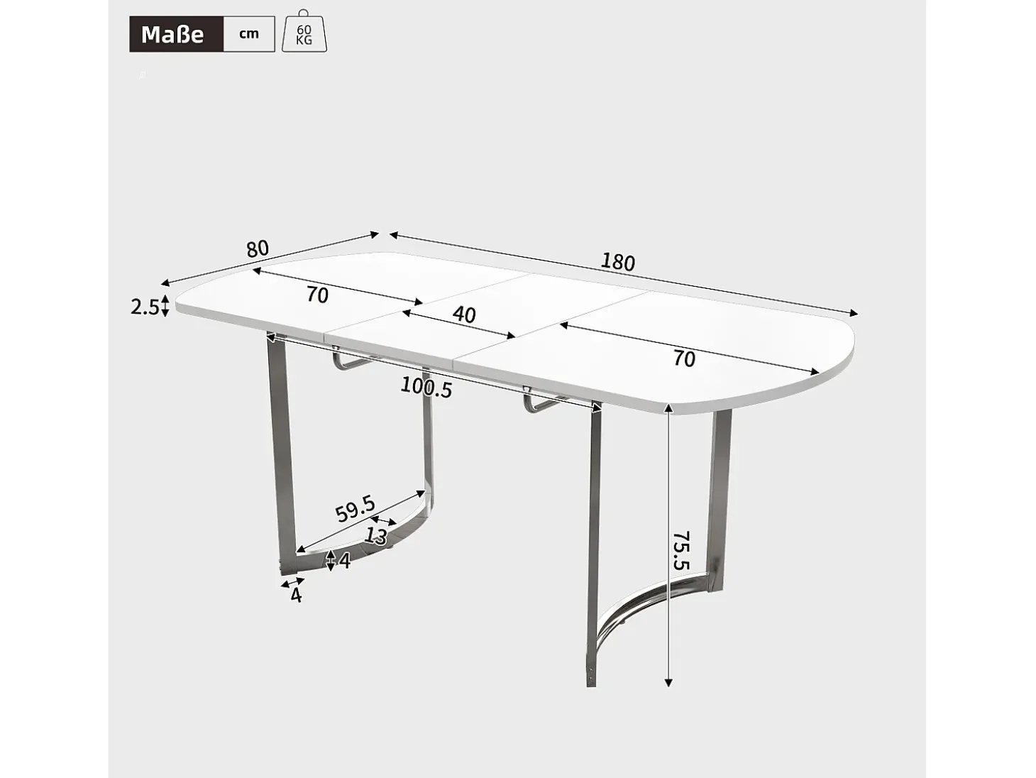 Mesa de jantar extensível para 4 a 6 pessoas - 140/180 x 80 x 75,5 cm - Madeira MDF e pernas de metal - Branco + prata