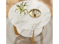 Mesa de jantar redonda - Estrutura de metal - Revestimento com padrão de mármore - 4 pessoas - com prateleira de armazenamento - Branco e Dourado