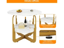 Mesa de jantar redonda - Estrutura de metal - Revestimento com padrão de mármore - 4 pessoas - com prateleira de armazenamento - Branco e Dourado
