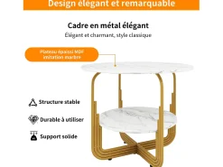 Mesa de jantar redonda - Estrutura de metal - Revestimento com padrão de mármore - 4 pessoas - com prateleira de armazenamento - Branco e Dourado