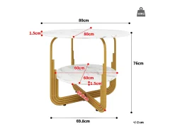 Mesa de jantar redonda - Estrutura de metal - Revestimento com padrão de mármore - 4 pessoas - com prateleira de armazenamento - Branco e Dourado