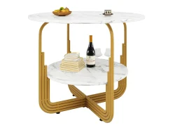 Mesa de jantar redonda - Estrutura de metal - Revestimento com padrão de mármore - 4 pessoas - com prateleira de armazenamento - Branco e Dourado