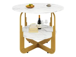 Mesa de jantar redonda - Estrutura de metal - Revestimento com padrão de mármore - 4 pessoas - com prateleira de armazenamento - Branco e Dourado