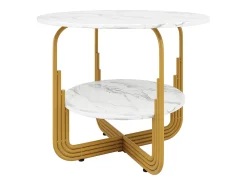 Mesa de jantar redonda - Estrutura de metal - Revestimento com padrão de mármore - 4 pessoas - com prateleira de armazenamento - Branco e Dourado