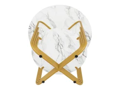 Mesa de jantar redonda - Estrutura de metal - Revestimento com padrão de mármore - 4 pessoas - com prateleira de armazenamento - Branco e Dourado