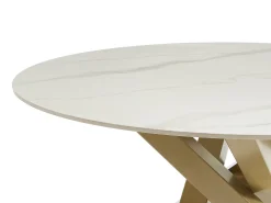 Mesa de jantar redonda 4 lugares cerâmica e metal dourado efeito mármore branco - LENUMIA