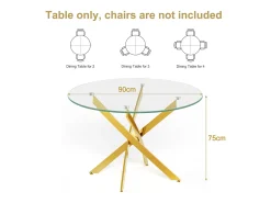 Mesa de jantar redonda 2-4 pessoas vidro temperado e metal ouro - carga max 100kg - Transparente - 90x90x75cm