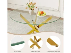 Mesa de jantar redonda 2-4 pessoas vidro temperado e metal ouro - carga max 100kg - Transparente - 90x90x75cm