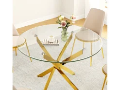 Mesa de jantar redonda 2-4 pessoas vidro temperado e metal ouro - carga max 100kg - Transparente - 90x90x75cm