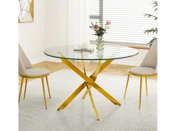 Mesa de jantar redonda 2-4 pessoas vidro temperado e metal ouro - carga max 100kg - Transparente - 90x90x75cm
