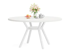 Mesa de Jantar Redonda com Tampo em Efeito MDF, 120x120x75cm, com Quatro Pés de Metal, Branca, Perfeita para o Estilo Retro Escandinavo