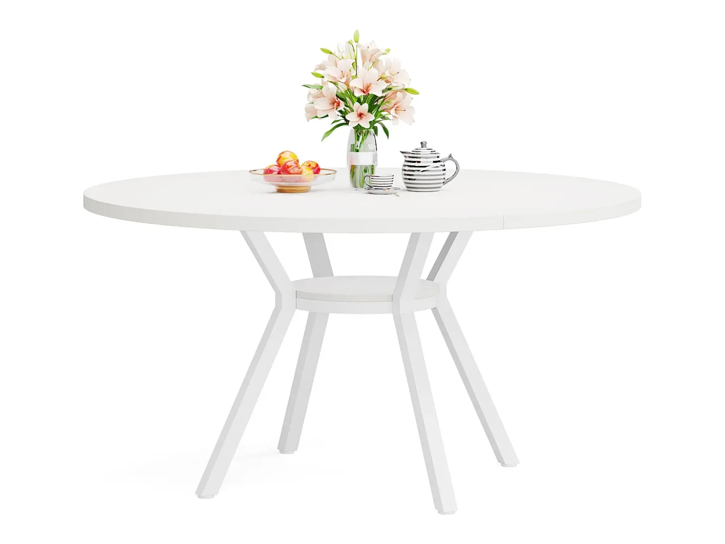 Mesa de Jantar Redonda com Tampo em Efeito MDF, 120x120x75cm, com Quatro Pés de Metal, Branca, Perfeita para o Estilo Retro Escandinavo