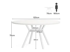 Mesa de Jantar Redonda com Tampo em Efeito MDF, 120x120x75cm, com Quatro Pés de Metal, Branca, Perfeita para o Estilo Retro Escandinavo