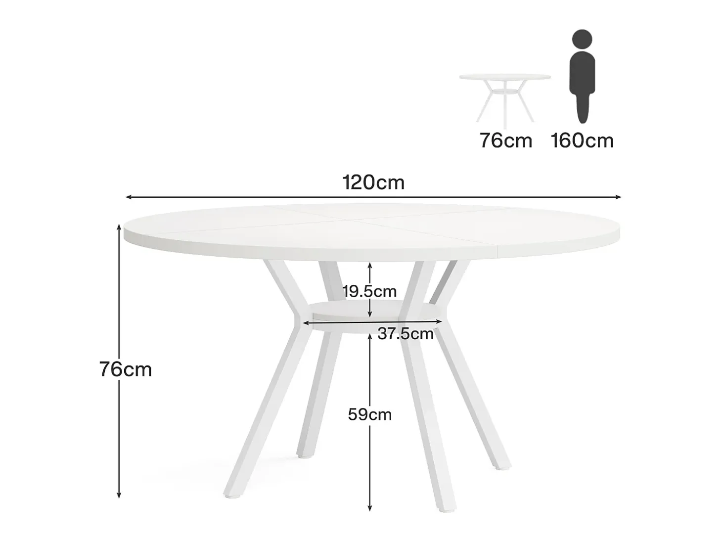 Mesa de Jantar Redonda com Tampo em Efeito MDF, 120x120x75cm, com Quatro Pés de Metal, Branca, Perfeita para o Estilo Retro Escandinavo