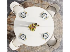 Mesa de Jantar Redonda com Tampo em Efeito MDF, 120x120x75cm, com Quatro Pés de Metal, Branca, Perfeita para o Estilo Retro Escandinavo