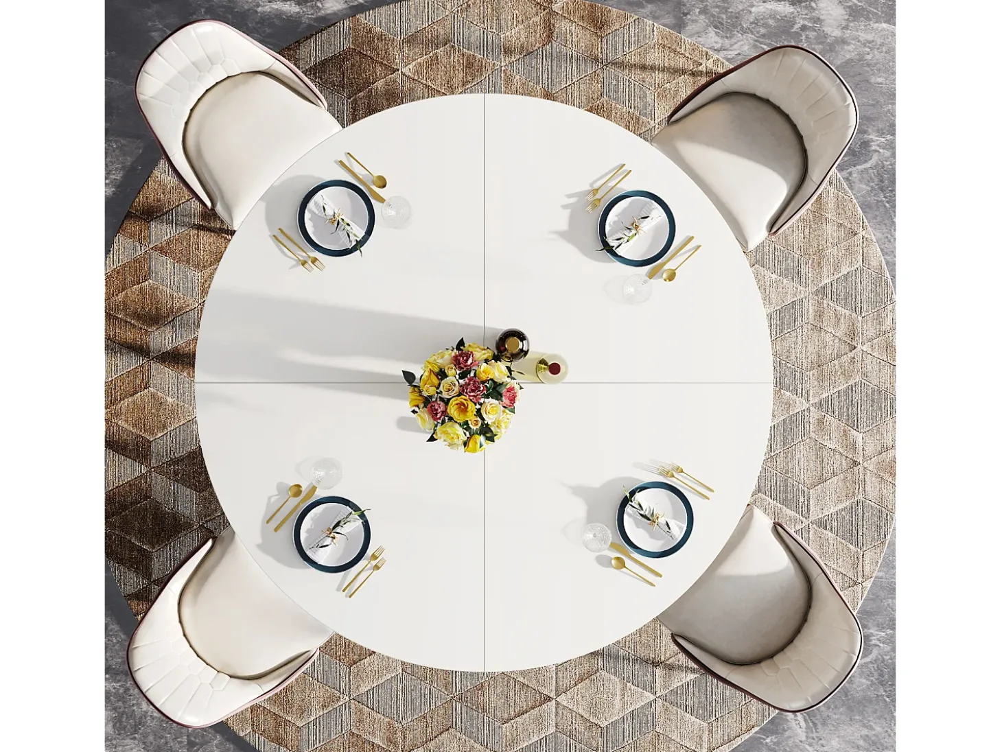 Mesa de Jantar Redonda com Tampo em Efeito MDF, 120x120x75cm, com Quatro Pés de Metal, Branca, Perfeita para o Estilo Retro Escandinavo