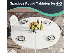 Mesa de Jantar Redonda com Tampo em Efeito MDF, 120x120x75cm, com Quatro Pés de Metal, Branca, Perfeita para o Estilo Retro Escandinavo