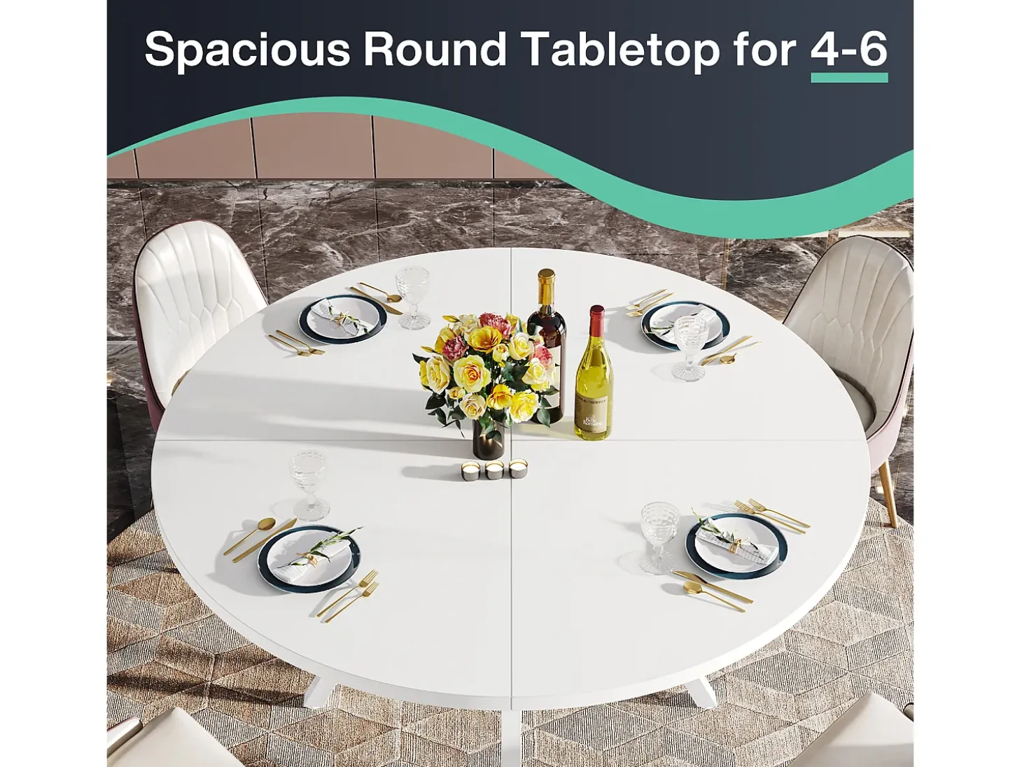 Mesa de Jantar Redonda com Tampo em Efeito MDF, 120x120x75cm, com Quatro Pés de Metal, Branca, Perfeita para o Estilo Retro Escandinavo