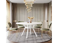 Mesa de Jantar Redonda com Tampo em Efeito MDF, 120x120x75cm, com Quatro Pés de Metal, Branca, Perfeita para o Estilo Retro Escandinavo