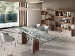 Mesa de jantar retangular extensível em vidro temperado, nogueira e aço cromado 1159 ANGEL CERDA