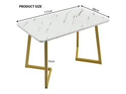 Mesa de jantar retangular para 4 a 6 talheres com padrão mármore - Madeira MDF + pés de metal - Dourado e branco