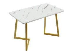 Mesa de jantar retangular para 4 a 6 talheres com padrão mármore - Madeira MDF + pés de metal - Dourado e branco
