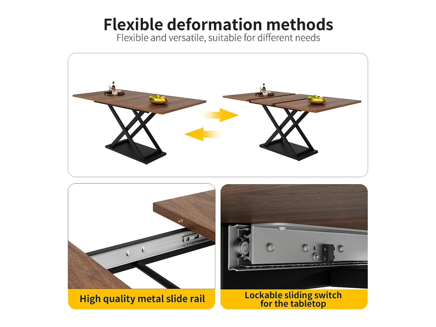 Mesa de jantar retrátil - MDF e Metal - tampo com efeito grão de madeira - Castanho