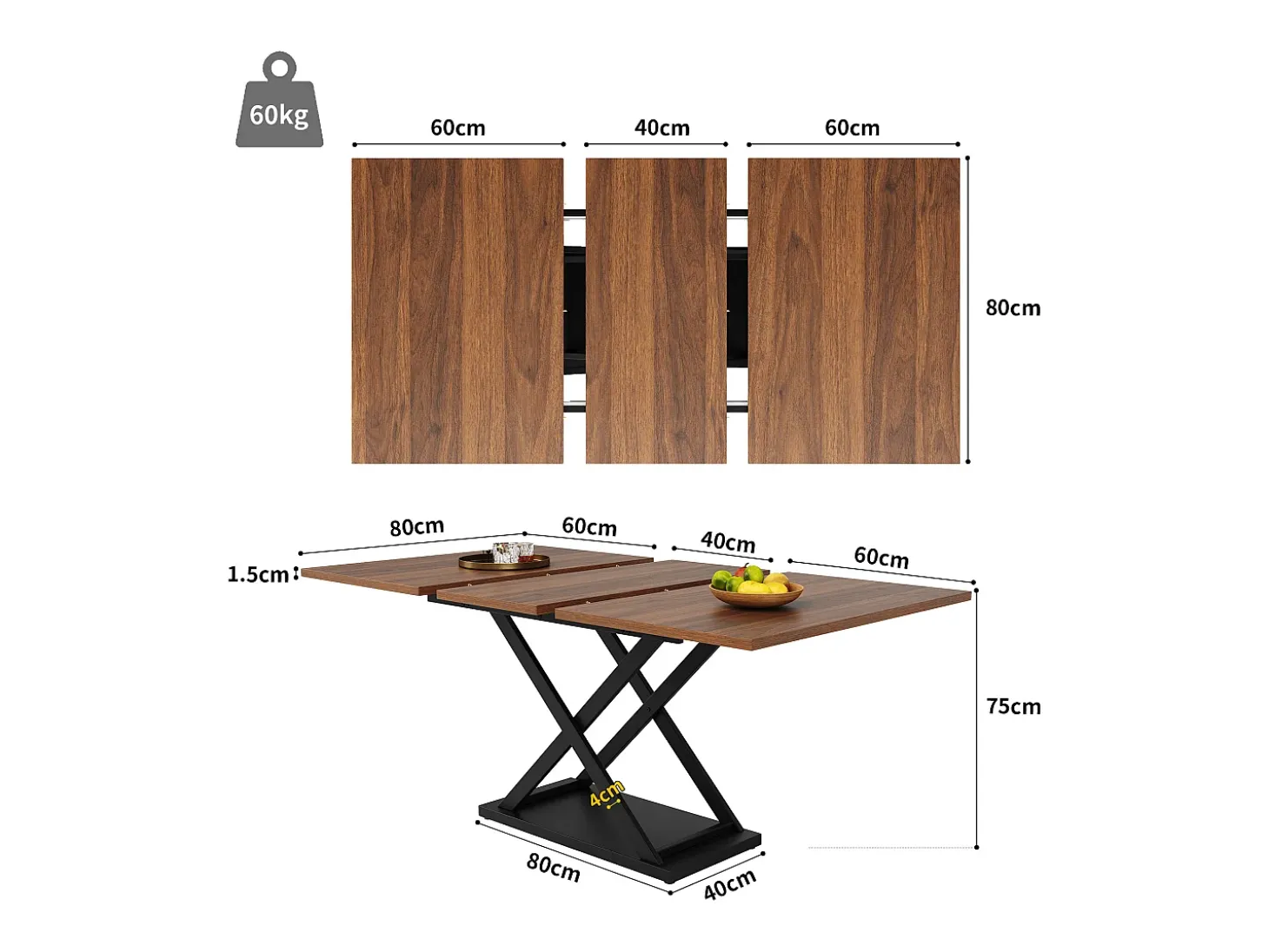 Mesa de jantar retrátil - MDF e Metal - tampo com efeito grão de madeira - Castanho