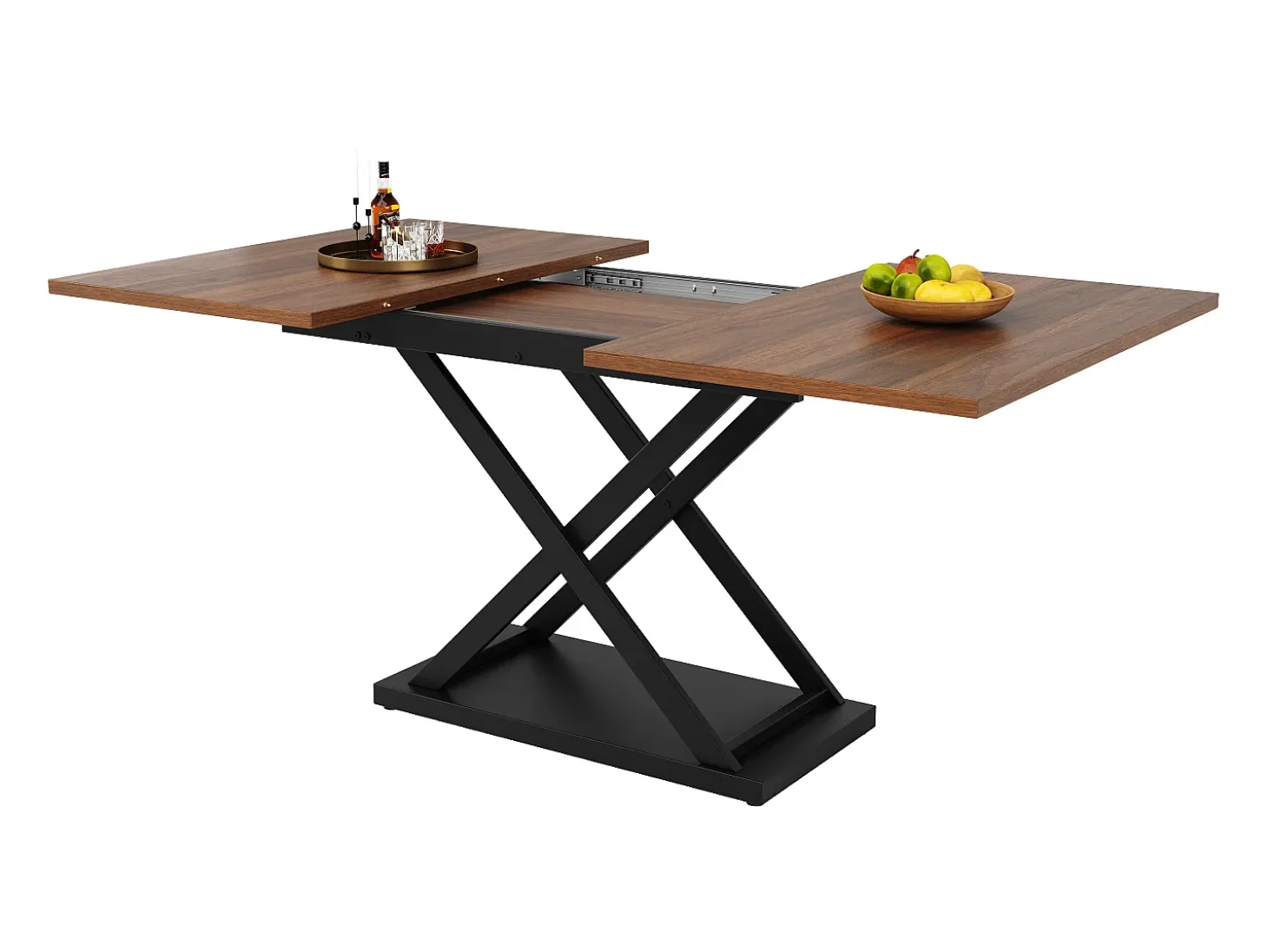 Mesa de jantar retrátil - MDF e Metal - tampo com efeito grão de madeira - Castanho