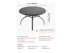 Mesa de Jantar SucceBuy para Pátio Externo 120 cm, Mesa de Bistro Redonda em Aço E Metal, Carga 68,04 kg, com Furo para Guarda-sol de 3.8 cm, Preto