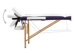 Mesa de massagem dobrável maca de massagem banco sofá terapia cosmética profissional portátil Shiatsu Reiki 2 zonas madeira branca e roxa 02_0001812