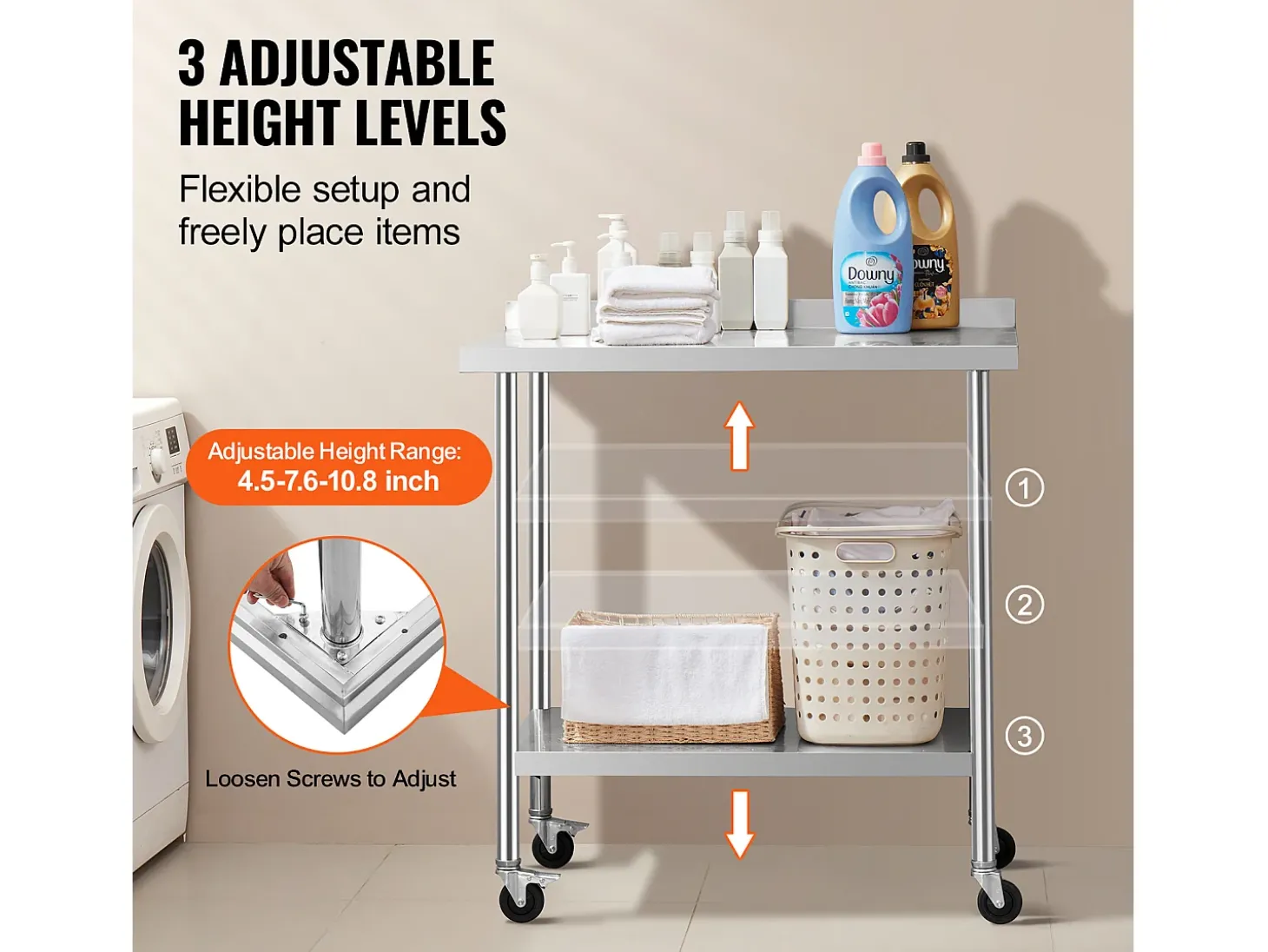 Mesa de Trabalho Comercial em Aço Inoxidável SucceBuy, 91,4 x 61 x 100,6 cm, com Rodízios