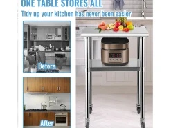 Mesa de Trabalho de Aço Inox SucceBuy, 61 x 61 x 85 cm, Mesa de Preparação de Alimentos Comercial com Rodas