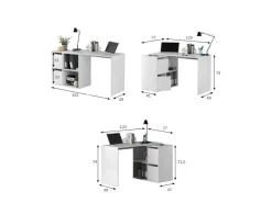 Mesa Divkovi, Mesa multifuncional modular com prateleira, Mesa de estudo ou escritório multiposições com montagem em canto, 152x49h74 cm, Branco