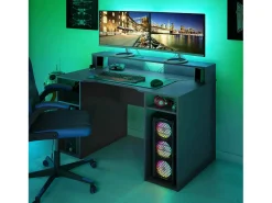 Mesa Dlucum, Mesa de jogos multifuncional moderna, Mesa de estudo para PC e porta CD, Mesa de estudo com prateleiras, 136x67h88 cm, Antracite