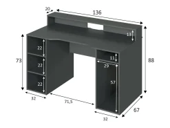 Mesa Dlucum, Mesa de jogos multifuncional moderna, Mesa de estudo para PC e porta CD, Mesa de estudo com prateleiras, 136x67h88 cm, Antracite