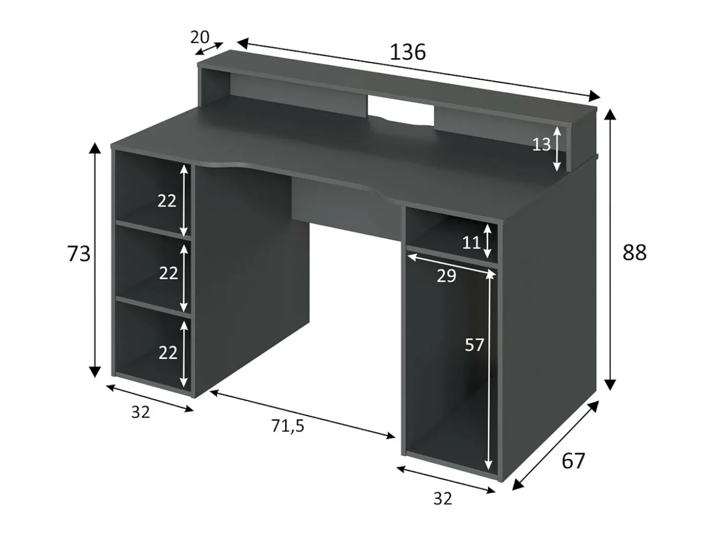Mesa Dlucum, Mesa de jogos multifuncional moderna, Mesa de estudo para PC e porta CD, Mesa de estudo com prateleiras, 136x67h88 cm, Antracite