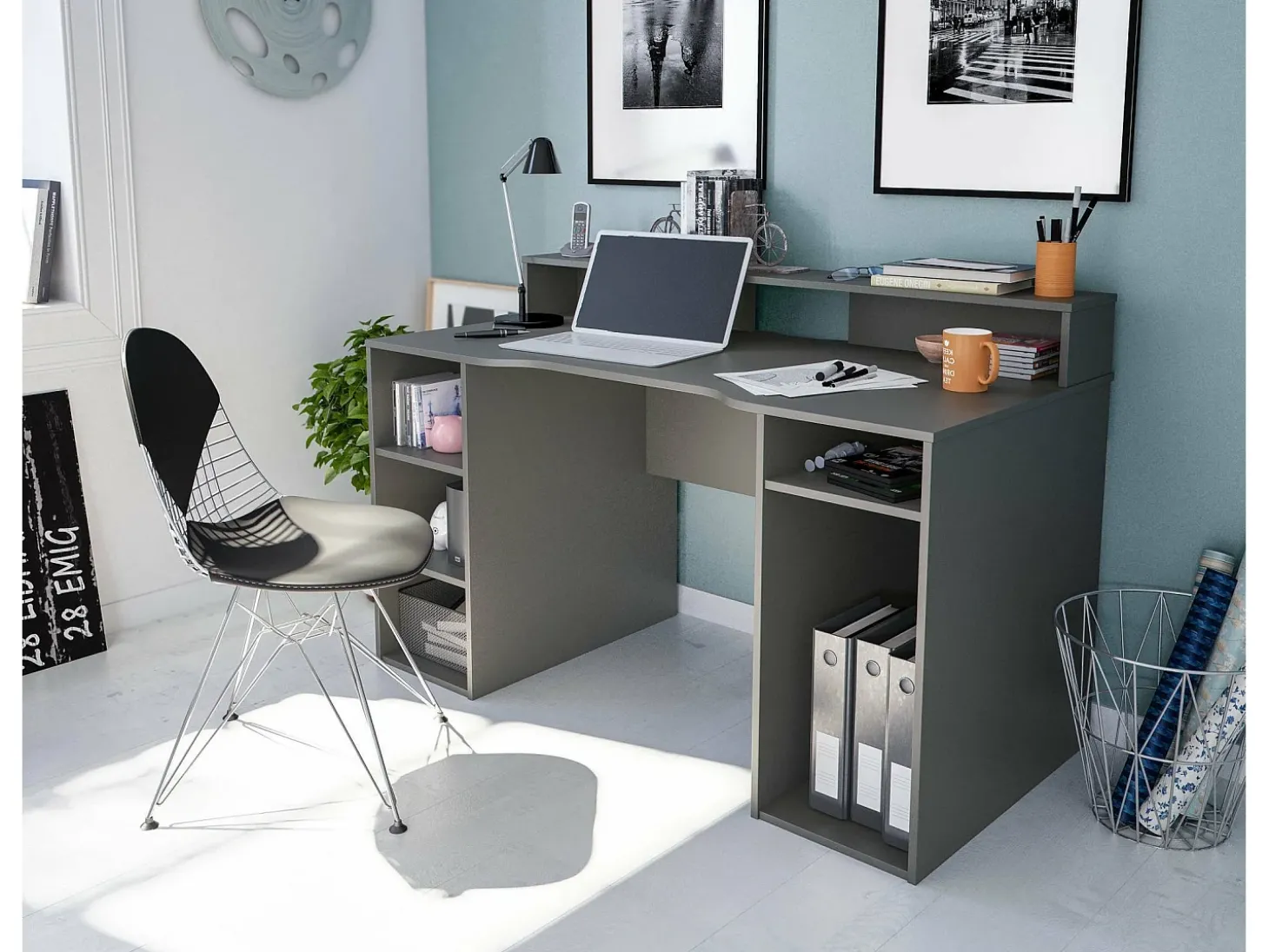 Mesa Dlucum, Mesa de jogos multifuncional moderna, Mesa de estudo para PC e porta CD, Mesa de estudo com prateleiras, 136x67h88 cm, Antracite
