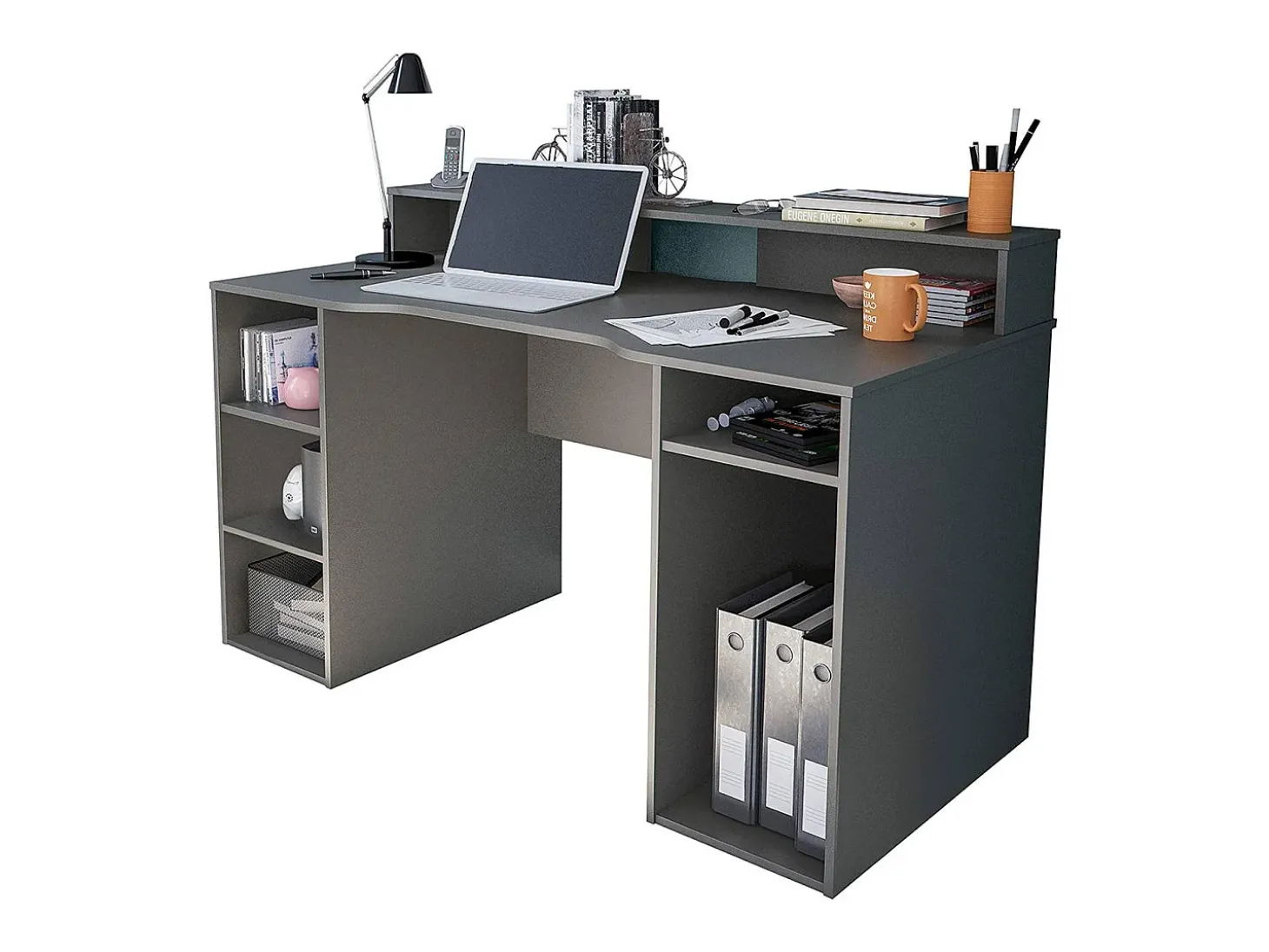 Mesa Dlucum, Mesa de jogos multifuncional moderna, Mesa de estudo para PC e porta CD, Mesa de estudo com prateleiras, 136x67h88 cm, Antracite