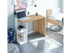 Mesa Dmonti, Mesa multifuncional reversível multiposições, Mesa de estudo ou escritório para PC com prateleira e prateleiras, 100x52h78 cm, Carvalho branco e nodoso