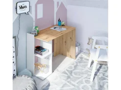 Mesa Dmonti, Mesa multifuncional reversível multiposições, Mesa de estudo ou escritório para PC com prateleira e prateleiras, 100x52h78 cm, Carvalho branco e nodoso