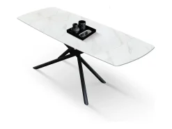 Mesa em cerâmica branca, base em metal preto, extensível 140x90-200x90 cm - BONIFACIO